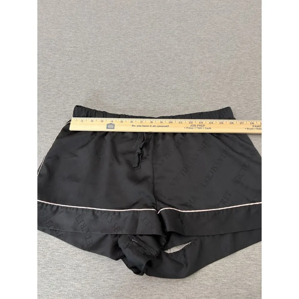 Victoria Secret Satin Pajama Shorts Black Logo Print Pink Piping Womens Large